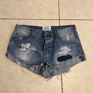One x One teaspoon blue patched shorts.